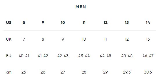 Allbirds men's shoe size chart