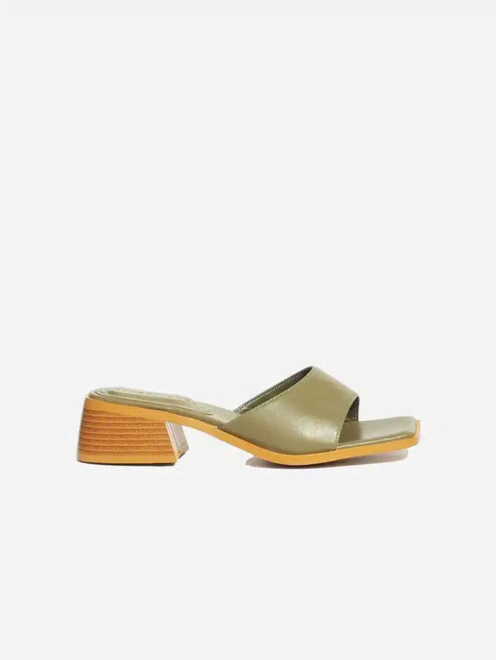 Collection & Co Pia up-cycled vegan leather block mules in olive green