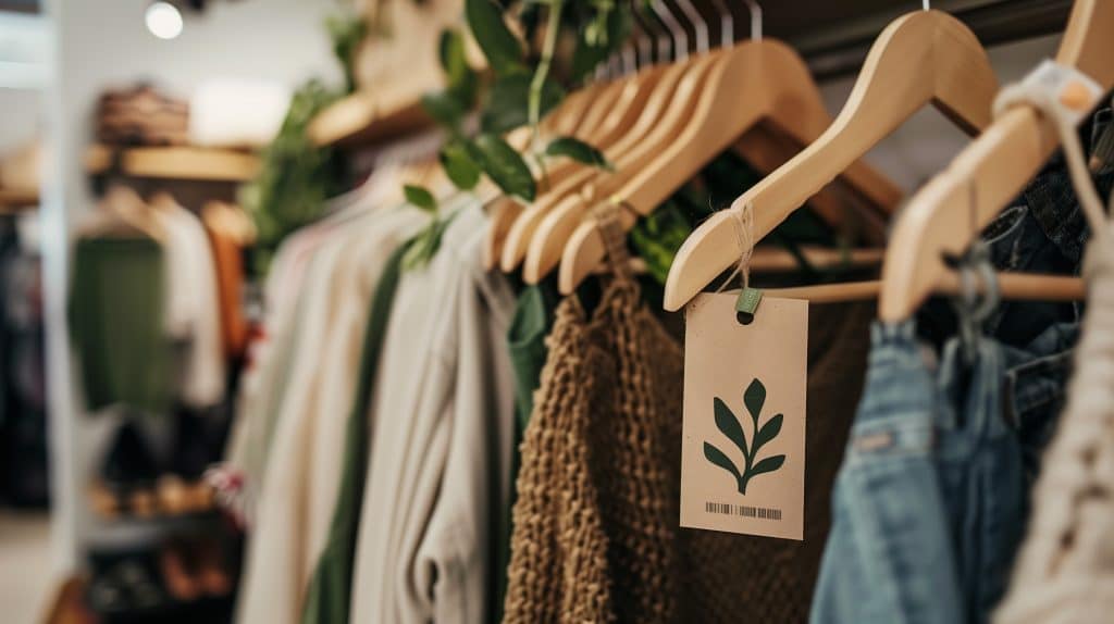 A clothing rack featuring a sustainable textile label