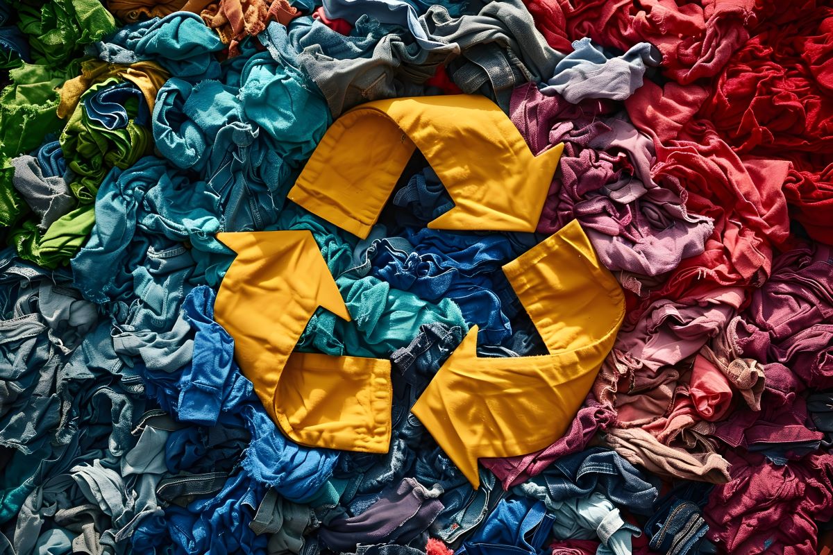 A yellow recycle icon on top of a pile of fast fashion clothing landfill. Circular economy concept