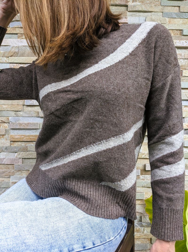 Caitlin from Econosa wearing Shokays sustainable yak wool Above Land Jacquard Sweater close up