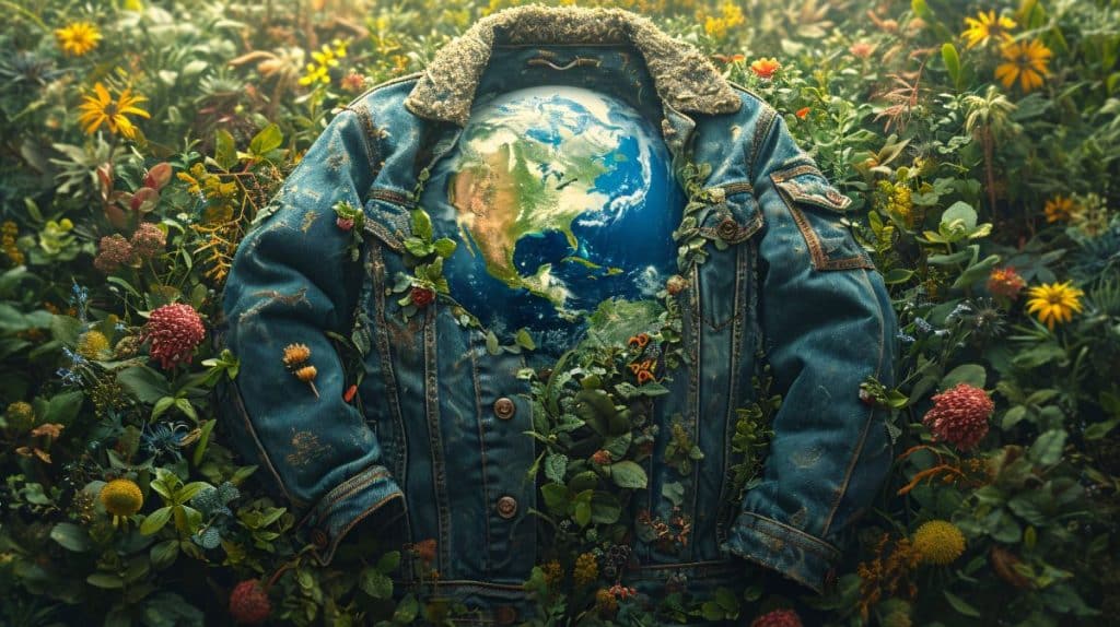 Denim jacket covered in foliage highlighting fashion greenwashing